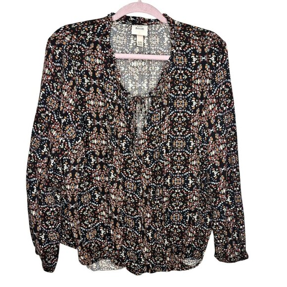 Knox Rose Blouse Long Sleeve Black Multi-Color Print Boho Faux Wrap Womens‎ 2X - Picture 1 of 6